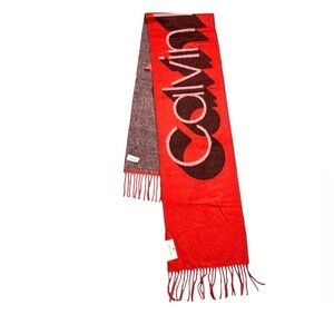Calvin Klein 3D Logo Acrylic Fringe Knit Scarf Red White NWT Warm Winter Casual